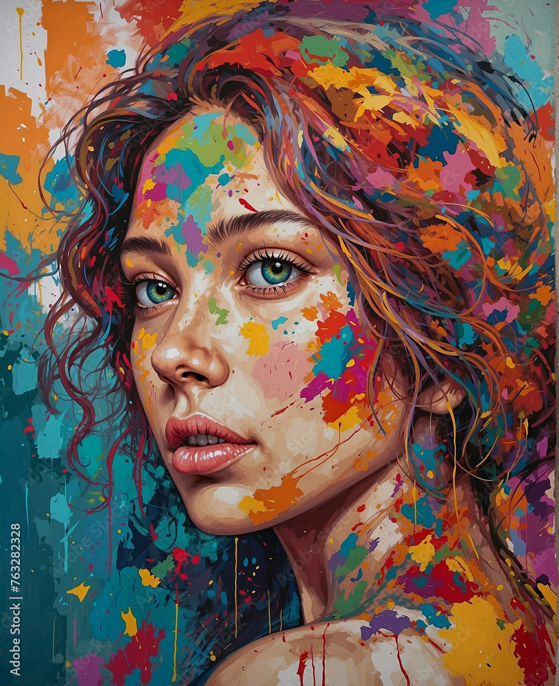 Beautiful woman, vibrant colors and colorful paint splashes.