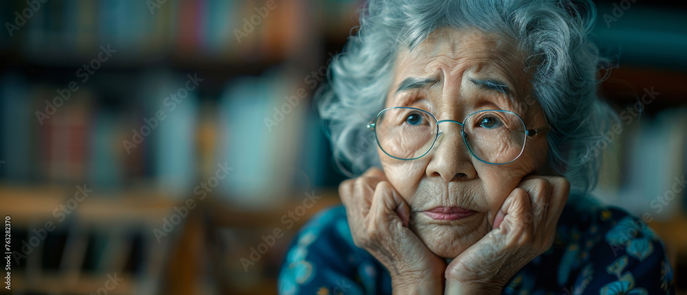 Thinking, depressed and senior Asian woman in retirement home, reflection and remembering past life. Elderly, pensioner and contemplating future or memory, nostalgia with blurred apartment background