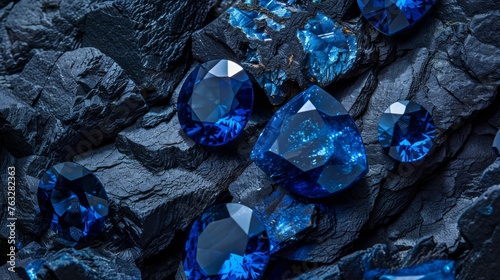 blue sapphire on black coal background. the dark blue gemstone jewelry cut with dark stone background. photo