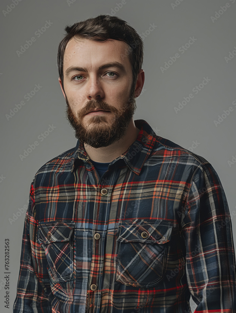 A neatly bearded man in a plaid shirt giving a calm and steady stare A neatly bearded man in a plaid shirt giving a calm and steady stare