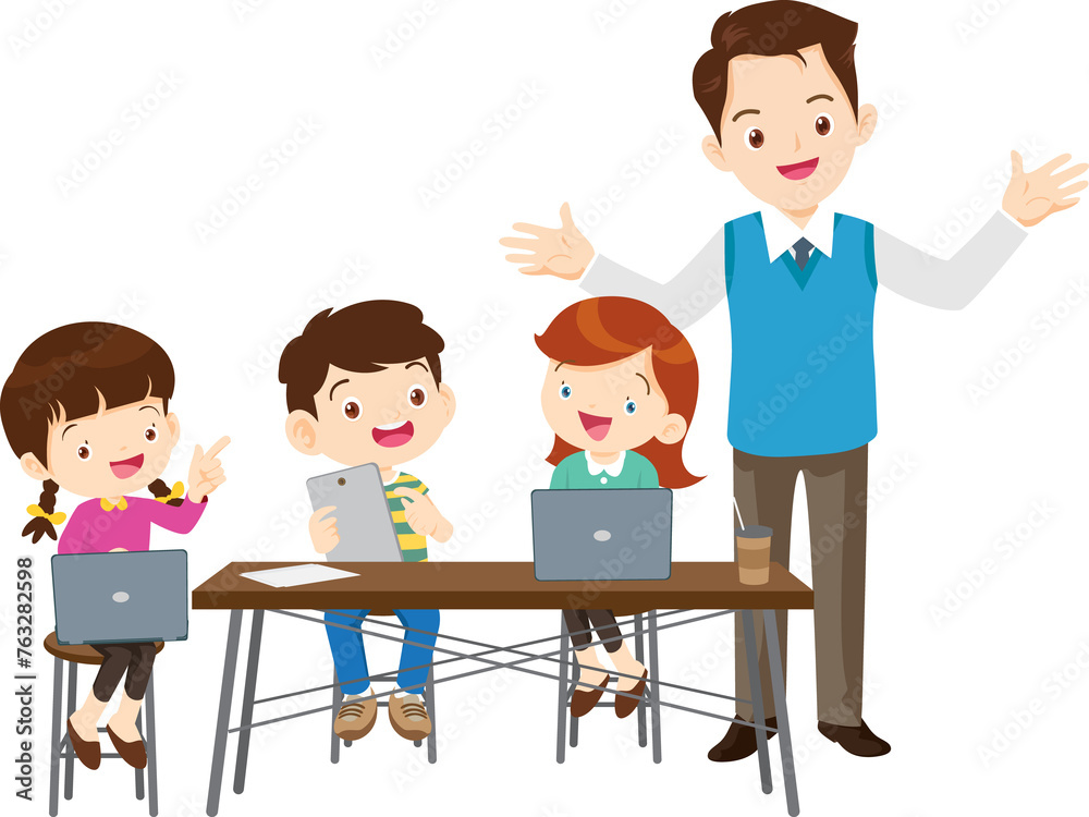 happy teacher and student learning computer happy teacher and student learning computer