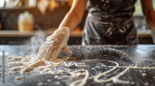 Woman Cleaning Countertop in Bright Kitchen