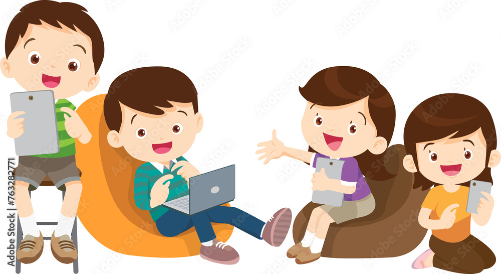 E-Learning concept Students kids Reading and online learning technology with computer laptop smartphone E-Learning concept Students kids Reading and online learning technology with computer laptop smartphone
