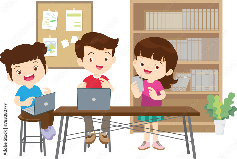 E-Learning concept Students kids Reading and online learning technology with computer laptop smartphone E-Learning concept Students kids Reading and online learning technology with computer laptop smartphone