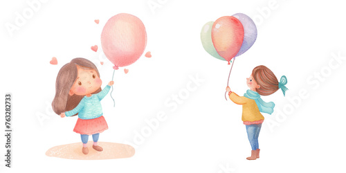 cute kid holding balloon watercolour vector illustration