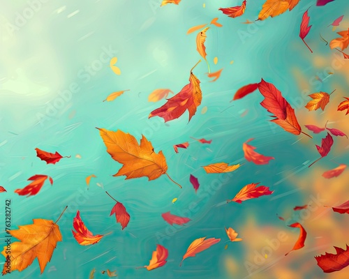 A background of falling autumn leaves, rendered in a style that blends realism with abstraction,