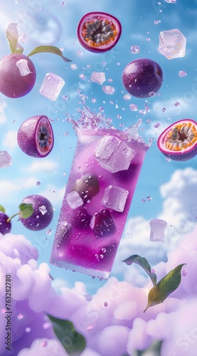 Soda can, cocktail, cooling drink with vitamins and fruits, splashes, ice and bright colors, mockup