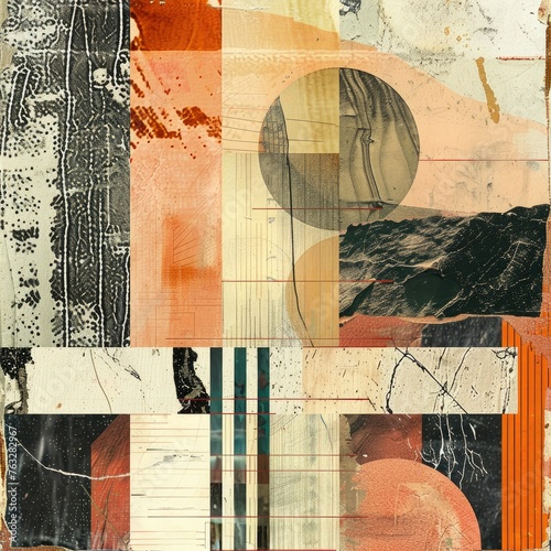 A collage of vintage textures and patterns, reimagined in a modern, abstract composition, photo