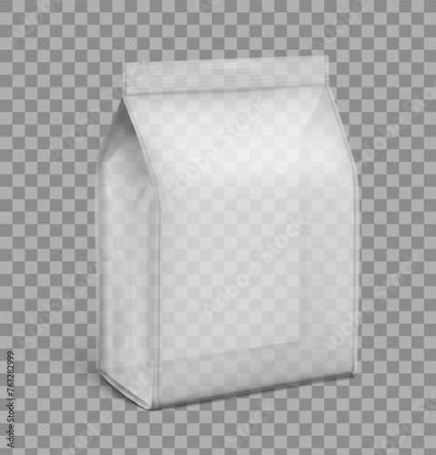 Vertical flat bottom transparent gusset bag mockup. Half side view. Vector illustration on transparent background. Ready for use in presentation, promo, advertising and more. EPS10.