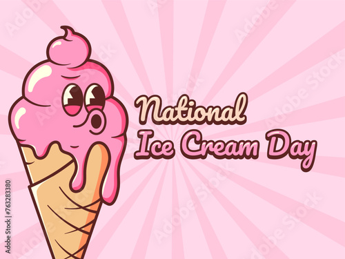National Ice Cream Day in Retro Style. Vector illustration with groovy mascot