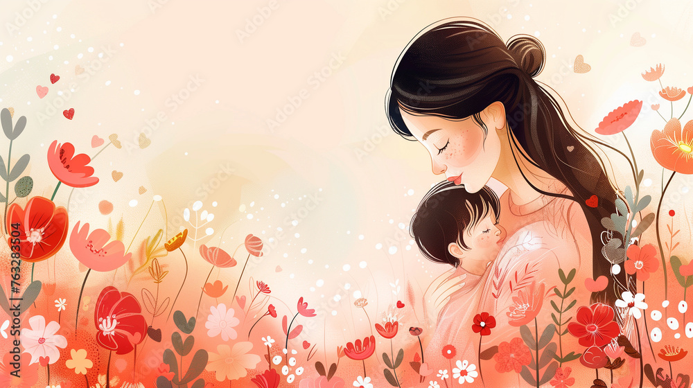 Beautiful floral Mother's day banner illustration, mother and child pink paper background with space for text