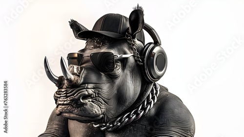 Sunglasses, cap and headphones make the rhinoceros look bright and extravagant, allowing him to look like a funny and fashionable character.