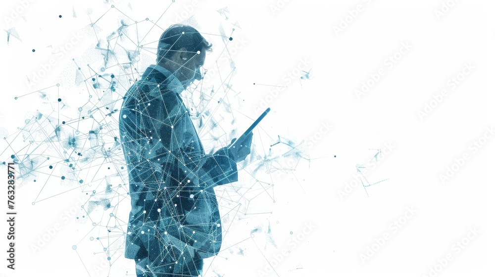 This is an illustration of a businessman using a tablet computer on a white background. This is a low poly wireframe business concept with polygons, particles, lines, and connected dots. - obrazy, fototapety, plakaty 