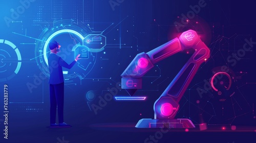 A polygonal engineer is holding a tablet and controlling a robotic arm and robotic tool. Smart technology manufacturing process is shown in dark blue. Modern image of industrial technology,