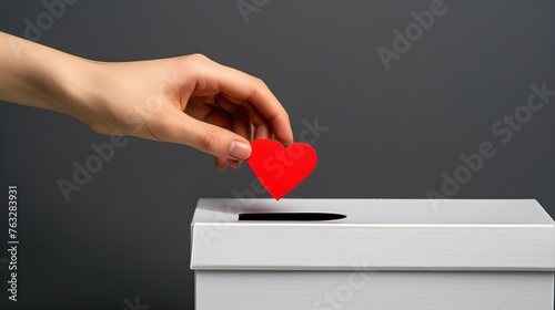 Symbolic Gesture: A woman's hand gently slides a vibrant red paper heart through the slot of a pristine white donation box