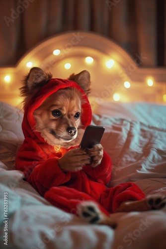 cute dog wearing red houdie looking at smartphone