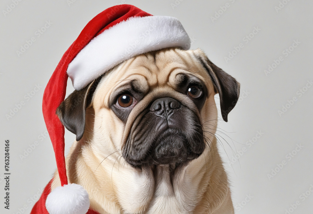 Cute pug dog in santa hat on white background