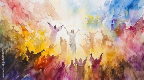 watercolor illustration of Jesus preaching with his people
