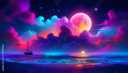 A neon light art piece depicting a moonlit ocean scene with clouds, stars, and a colorful moon