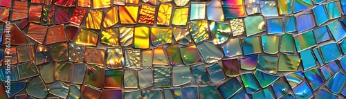 A mosaic of iridescent glass tiles reflecting light in a kaleidoscope of colors,