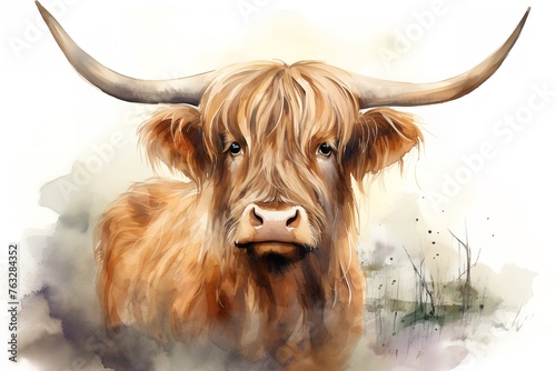 Watercolor Highland Cow Clipart on White Background