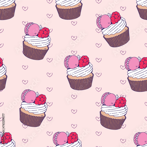 Seamless pattern of cute sweet cupcake. Pink cupcakes and macarons. Pattern for fabric and wrapping paper  Pattern for design wallpaper and fashion prints.