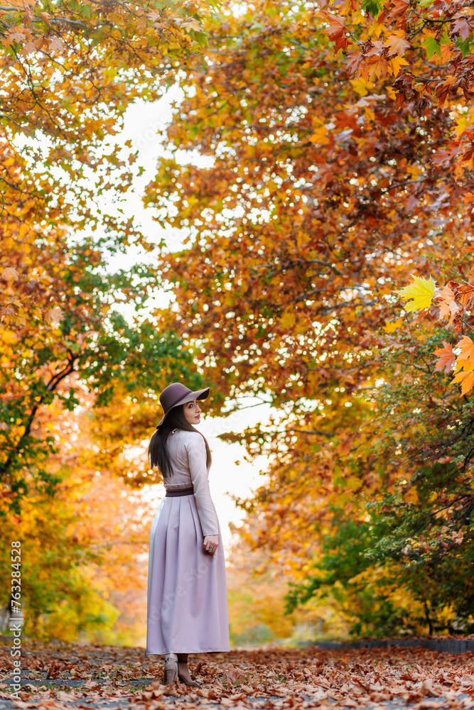 Beautiful woman enjoys the peaceful ambiance of an autumn park, engulfed by trees