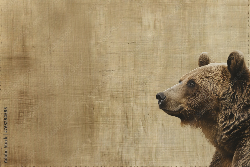 tête d'ours brun de profil, sur un fond brun beige en tissu, type lin avec espace négatif copy space. Animal sauvage - obrazy, fototapety, plakaty 