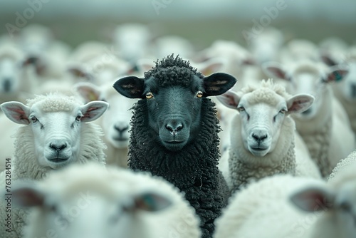 A black sheep among a flock of white sheep, raising head as a leader - Concept of standing out from the crowd,