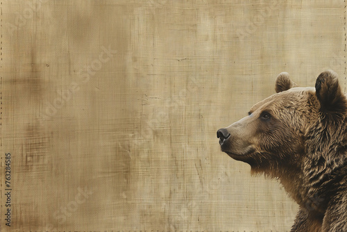 tête d'ours brun de profil, sur un fond brun beige en tissu, type lin avec espace négatif copy space. Animal sauvage