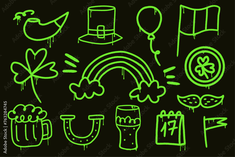 Set graffiti clip art. Y2k Urban street style. St. Patrick's day elements.Collection of symbols, beer mug, horseshoe, smoking pipe, mustache, shamrock . Splash effects and drops. Grunge and spray. Set graffiti clip art. Y2k Urban street style. St. Patrick's day elements.Collection of symbols, beer mug, horseshoe, smoking pipe, mustache, shamrock . Splash effects and drops. Grunge and spray.
