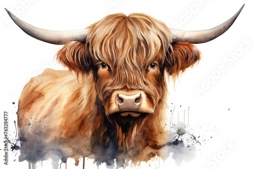 Watercolor Highland Cow Clipart on White Background photo