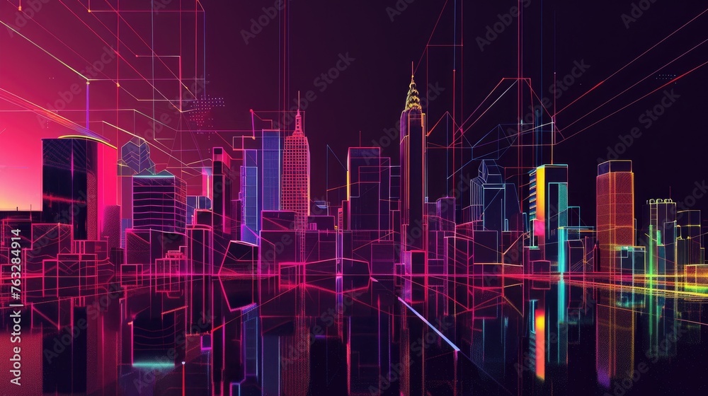 An abstract city skyline created with minimalist shapes and neon outlines, An abstract city skyline created with minimalist shapes and neon outlines,