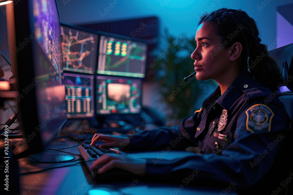 Female police officer working at desk with multiple computer screens in surveillance room Female police officer working at desk with multiple computer screens in surveillance room