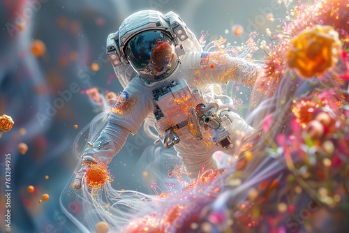 An image taken by an electron microscope shows a tiny fascinated astronaut walking on cell planet in a colorful photo