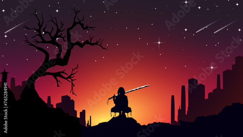 Japanese theme background. female samurai silhouette wallpaper. Japanese samurai warrior with a sword. Japanese samurai background.