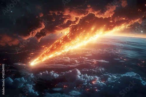 Asteroid entering planet Earth atmosphere before impact, meteor warning from space,