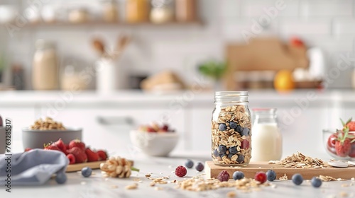 A glass jar of muesli with fruit on the kitchen table is surrounded by milk and fruits in small bowls. On top there's an empty wooden board for creating intricate patterns. 