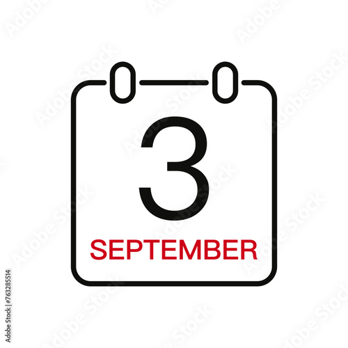 September 3 date on the calendar, vector line stroke icon for user interface. Calendar with date, vector illustration.