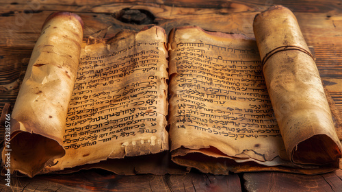 Ancient Hebrew manuscript scroll on a wooden table.