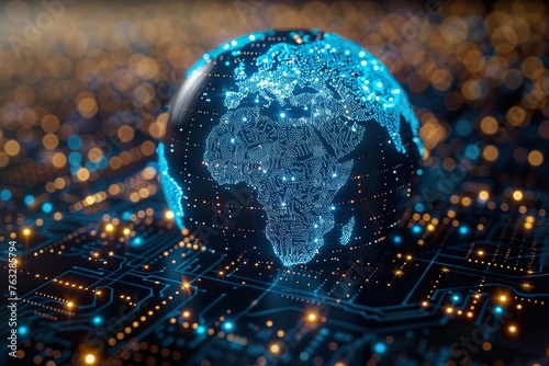 Digital world globe centered on Africa, concept of global network and connectivity on Earth,