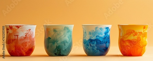 Design a captivating long shot showcasing cups that magically change color and pattern with the seasons Emphasize the transformation process to evoke awe and wonder photo