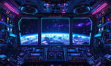 A hyper-realistic spaceship panel made of metal, with a top squared panoramic view of space, featuring neon blue and purple details. Generative Ai