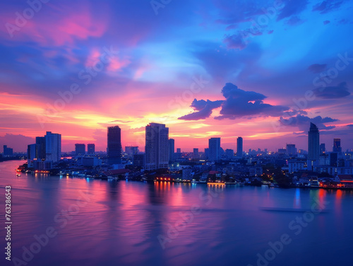 A city skyline is reflected in the water, with the sun setting in the background