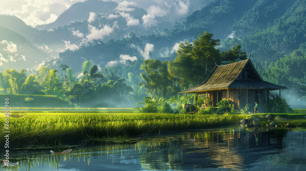 Fototapeta premium Two grandparents planted a hut at the end of the rice field and grew vegetables and fish