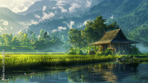 Two grandparents planted a hut at the end of the rice field and grew vegetables and fish