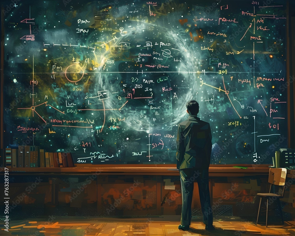 Brilliant Mathematical Mind Solving Complex Equations on Chalkboard with Swirling Numbers and Brilliant Mathematical Mind Solving Complex Equations on Chalkboard with Swirling Numbers and