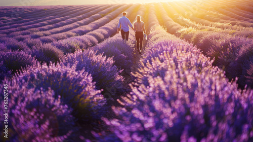 Young couple in the middle of a lavender field