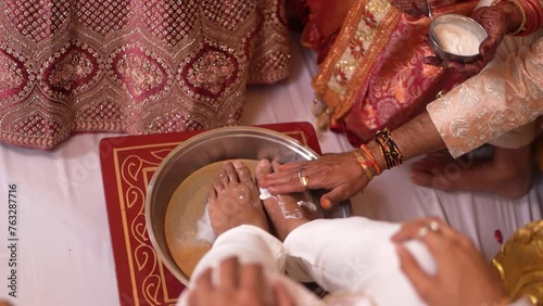 Hindu Wedding Culture of Washing feet of Groom with Panchamrut | Indian Wedding Ceremony Background photo