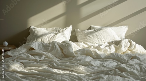 Unmade bed, highlighting the rumpled sheets and tousled pillows